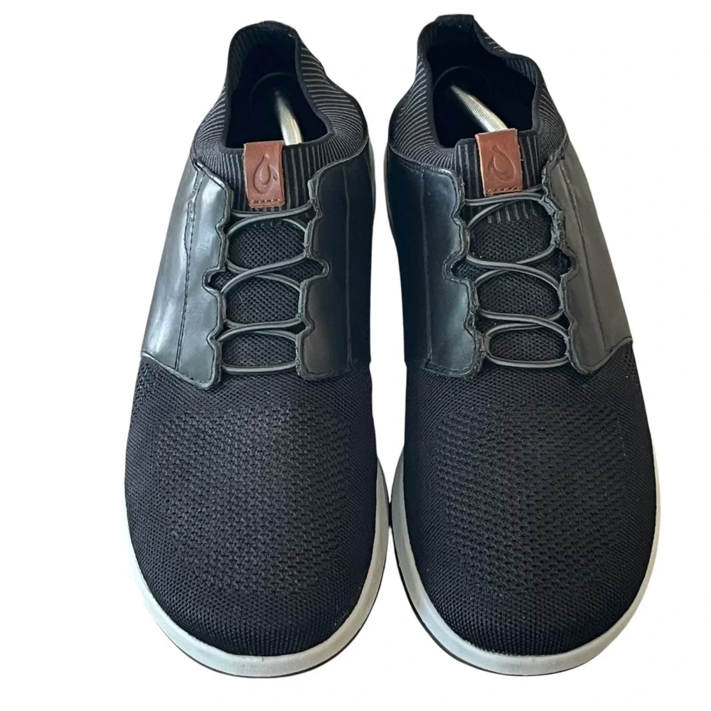 Olukai Makia Ulana Sneakers Mens 13 Black Knit Leather Slip On Comfort